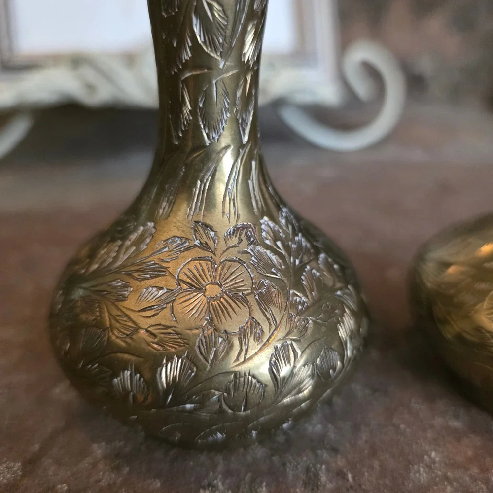 Vintage Brass Bud Vases Set of 2 Hand Etched Floral Made in India Gold Boho MCM